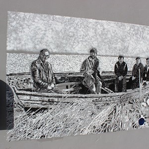Billede af murmaleri fra Åsted. Denne viser mænd i en båd.